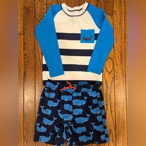 Hatley Rashguard and Swim Trunks Blue Striped Whale Size 4